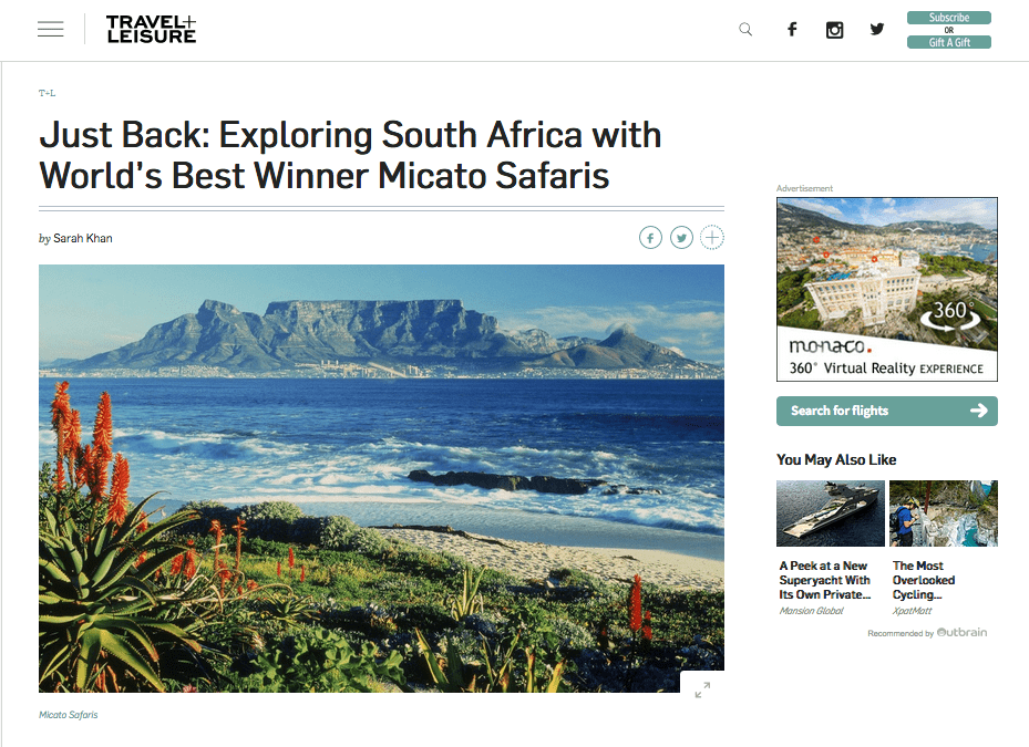 Travel + Leisure: Just Back — Exploring South Africa with World’s Best Winner Micato Safaris