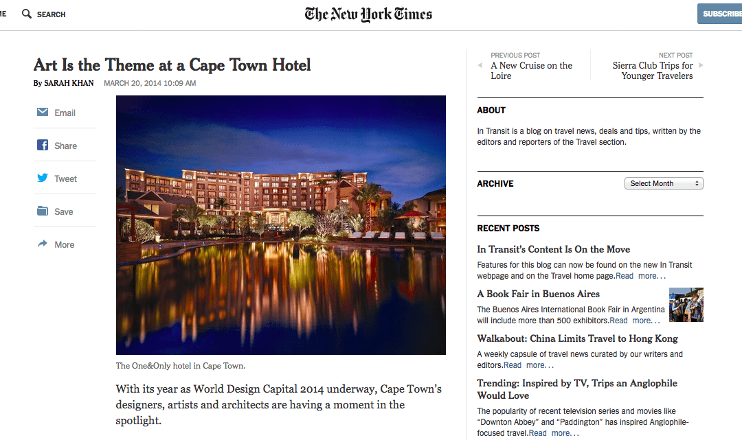 New York Times: Art Is the Theme at a Cape Town Hotel