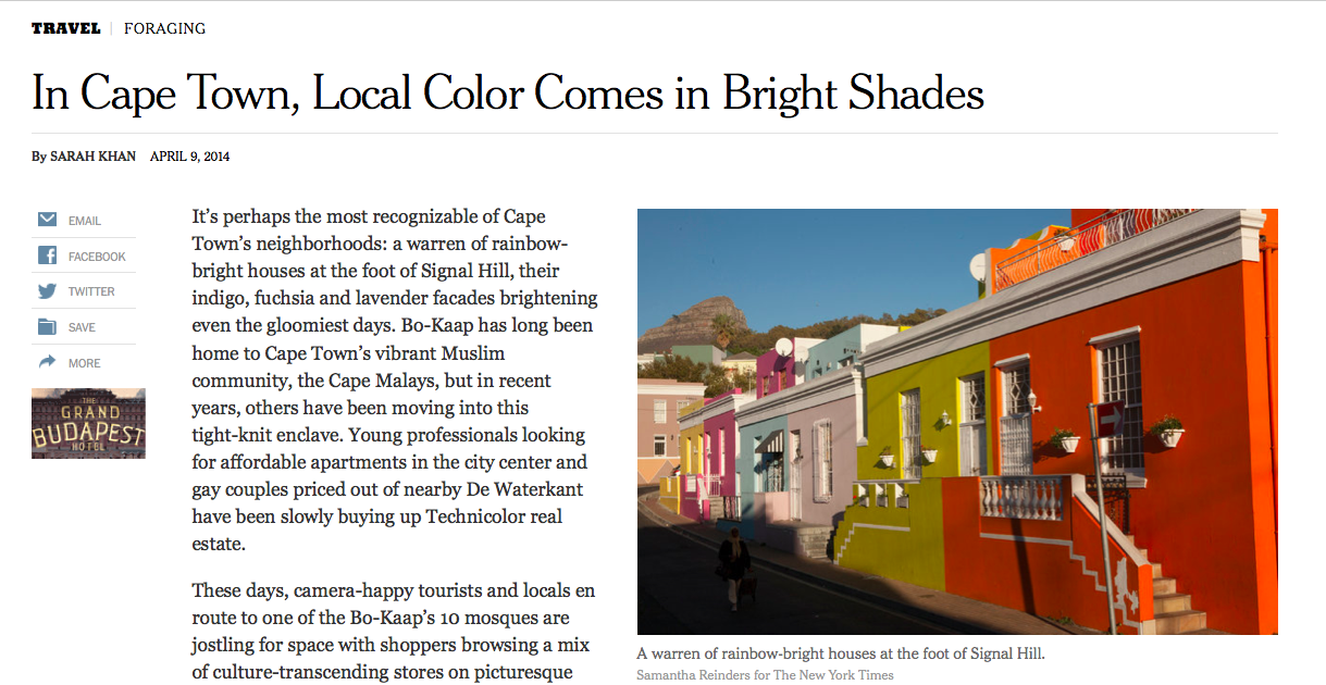 New York Times: In Cape Town, Local Color Comes in Bright Shades