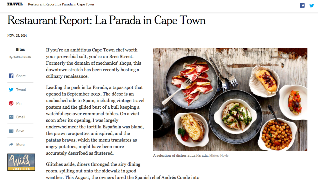 New York Times: Restaurant Report – La Parada in Cape Town