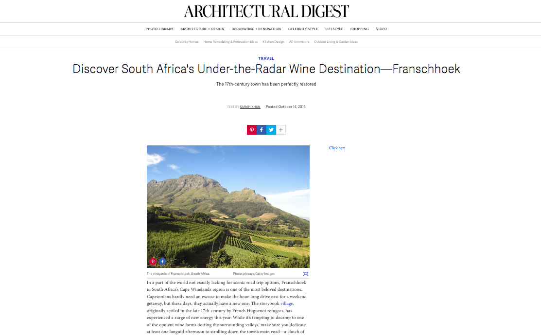 Architectural Digest: Under-the-Radar Wine Destination – Franschhoek