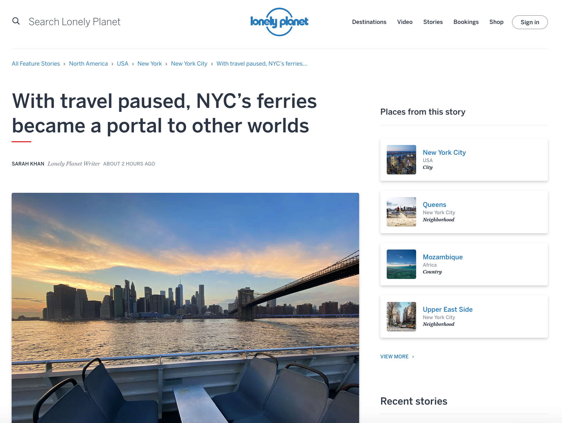 Lonely Planet: With Travel Paused, NYC’s Ferries Became a Portal to Other Worlds
