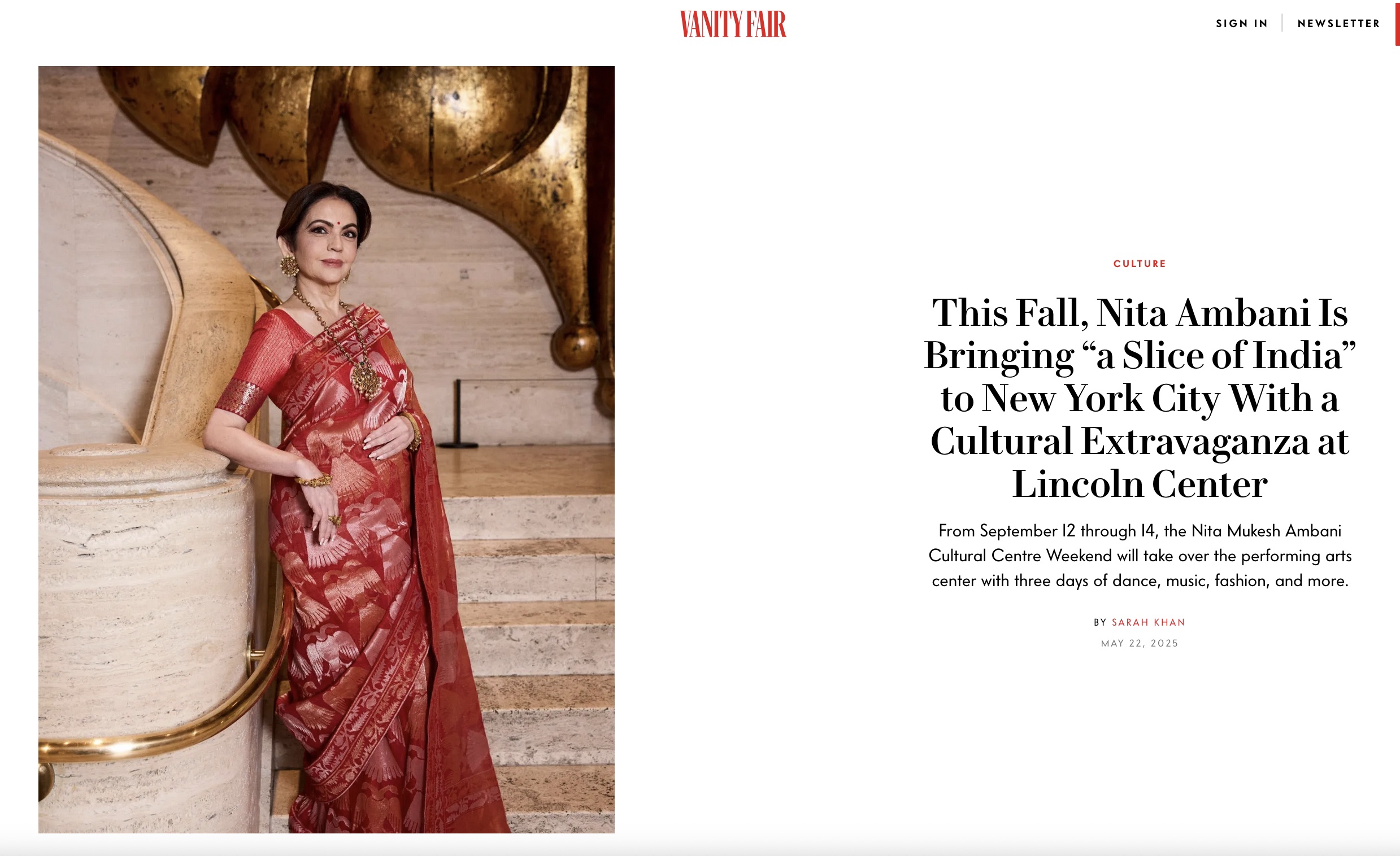 Vanity Fair: This Fall, Nita Ambani Is Bringing “a Slice of India” to New York City With a Cultural Extravaganza at Lincoln Center