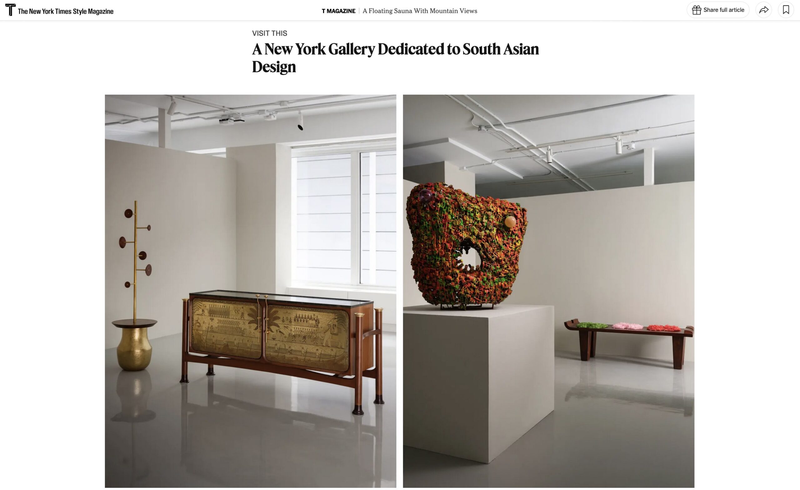 New York Times T Magazine: A New York Gallery Dedicated to South Asian Design