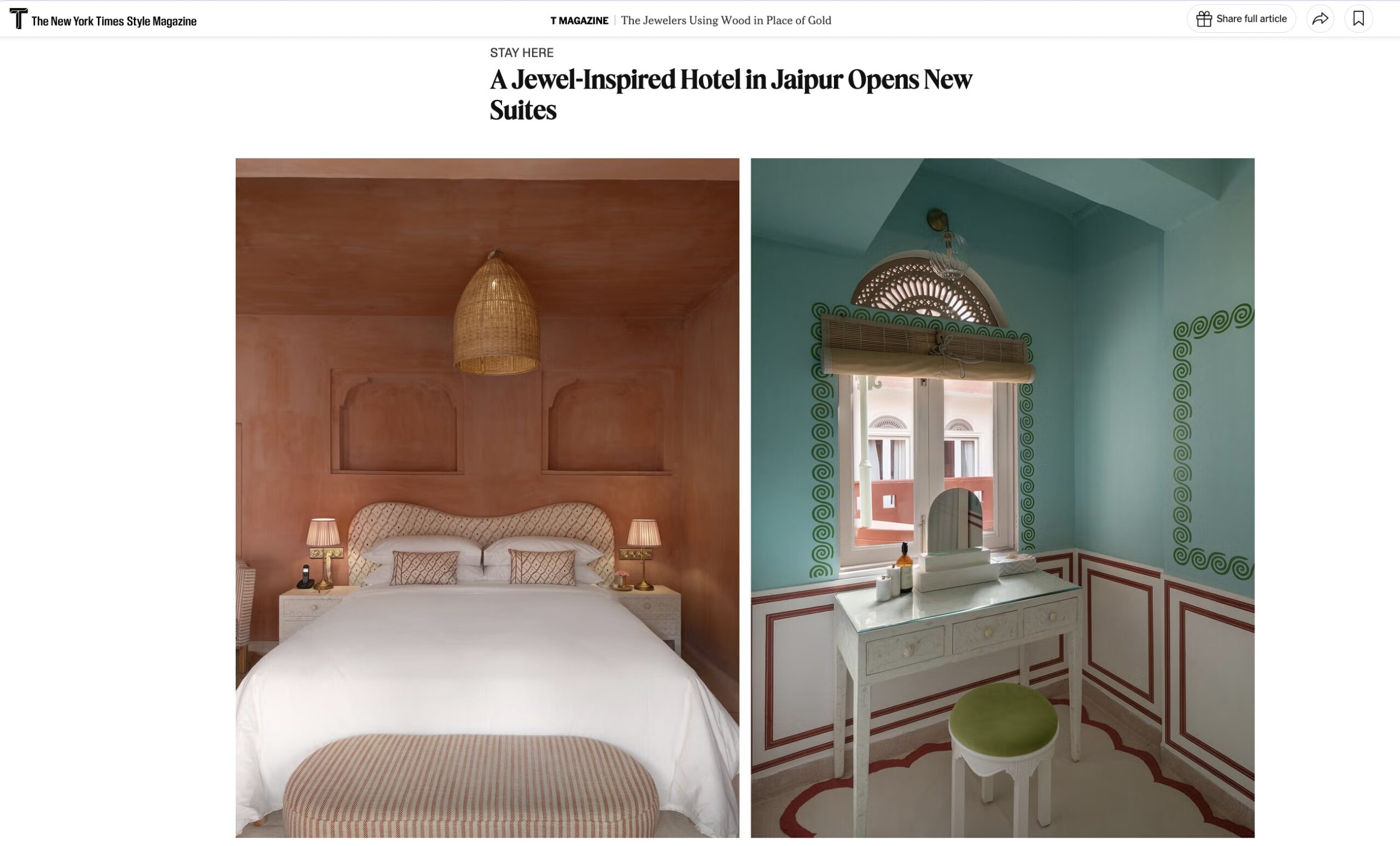New York Times T Magazine: A Jewel-Inspired Hotel in Jaipur Opens New Suites